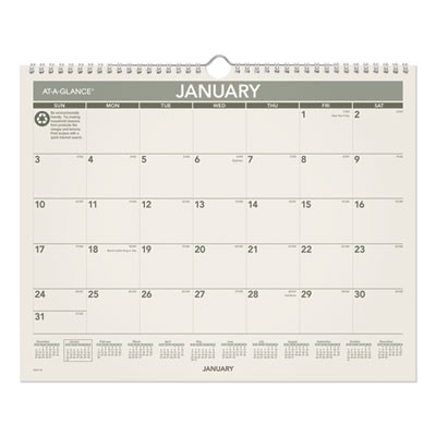 Recycled Wall Calendar, Unruled Blocks, 15 x 12, Sand/Green Sheets, 12-Month (Jan To Dec): 2026