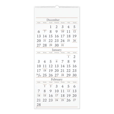 Three-Month Reference Wall Calendar, 12 x 27, White Sheets, 14-Month: Dec 2025 To Feb 2027