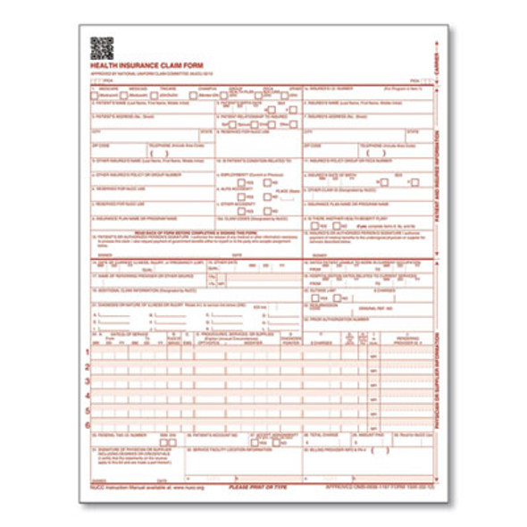 Cms Health Insurance Claim Form, One-Part (No Copies), 8.5 x 11, 100 Forms Total