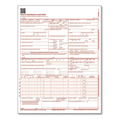 Cms Health Insurance Claim Form, One-Part (No Copies), 8.5 x 11, 100 Forms Total