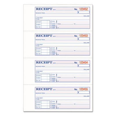 Multipart Money/Rent Receipt Book, Casebound (Hard Cover), Three-Part Carbonless, 7 x 2.75, 4 Forms/Sheet, 200 Forms Total