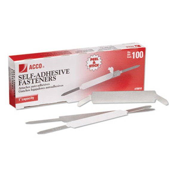 Self-Adhesive Two-Prong Paper Fastener Bases, 1" Capacity, 2.75" Center To Center, Matte Steel, 100/Box