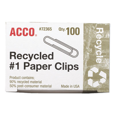 Recycled Paper Clips, #1, Smooth, Silver, 100 Clips/Box, 10 Boxes/Pack