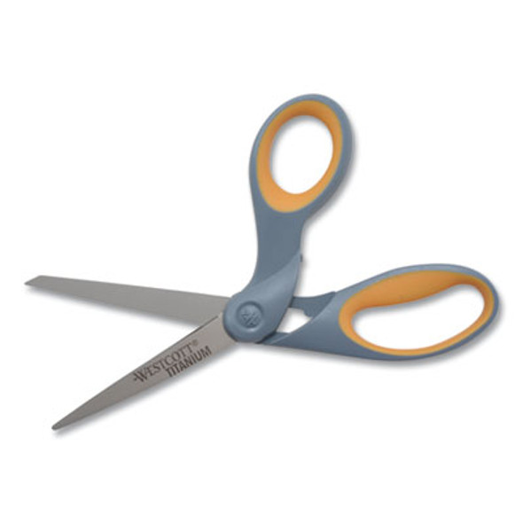 Titanium Bonded Scissors, 8" Long, 3.5" Cut Length, Crane-Style Gray/Yellow Handle