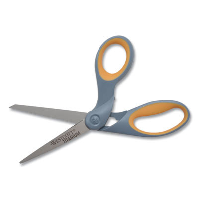 Titanium Bonded Scissors, 8" Long, 3.5" Cut Length, Crane-Style Gray/Yellow Handle