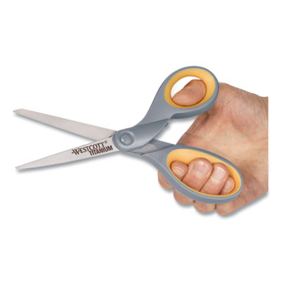 Titanium Bonded Scissors, 8" Long, 3.5" Cut Length, Straight Gray/Yellow Handle, 2/Pack