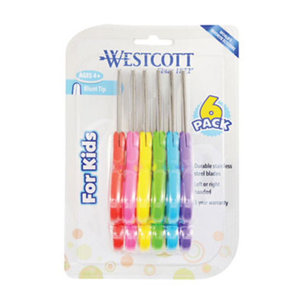 For Kids Scissors, Rounded Tip, 5" Long, 1.75" Cut Length, Straight Assorted Color Handles, 6/Pack