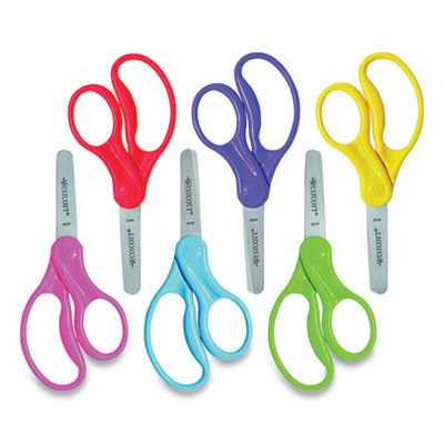 For Kids Scissors, Rounded Tip, 5" Long, 1.75" Cut Length, Straight Assorted Color Handles, 6/Pack