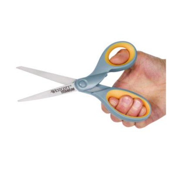 Titanium Bonded Scissors, 8" Long, 3.5" Cut Length, Straight Gray/Yellow Handle, 3/Pack