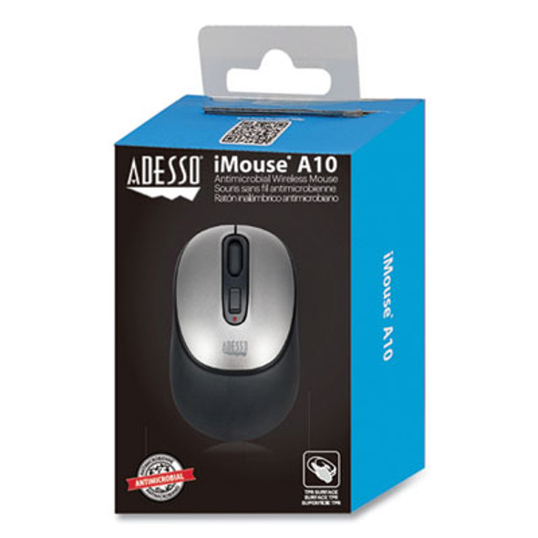 Imouse A10 Antimicrobial Wireless Mouse, 2.4 Ghz Frequency/30 Ft Wireless Range, Left/Right Hand Use, Black/Silver