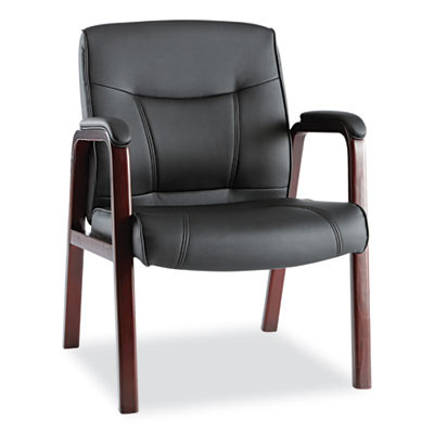 Alera Madaris Series Bonded Leather Guest Chair With Wood Trim Legs, 25.39" x 25.98" x 35.62", Black Seat/Back, Mahogany Base