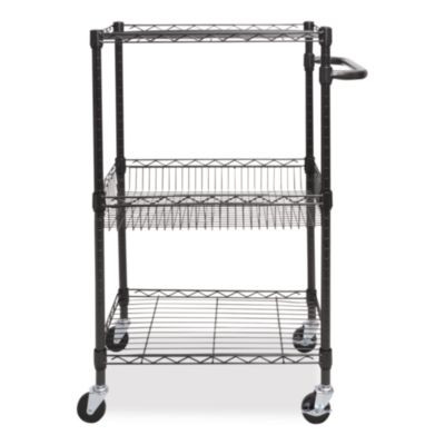 Three-Tier Wire Cart With Basket, Metal, 2 Shelves, 1 Bin, 500 Lb Capacity, 28" x 16" x 39", Black Anthracite