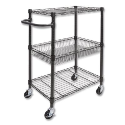 Three-Tier Wire Cart With Basket, Metal, 2 Shelves, 1 Bin, 500 Lb Capacity, 28" x 16" x 39", Black Anthracite