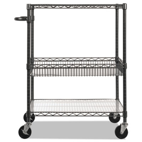 Three-Tier Wire Cart With Basket, Metal, 2 Shelves, 1 Bin, 500 Lb Capacity, 34" x 18" x 40", Black Anthracite