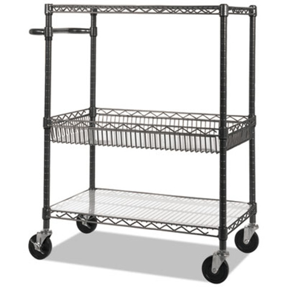 Three-Tier Wire Cart With Basket, Metal, 2 Shelves, 1 Bin, 500 Lb Capacity, 34" x 18" x 40", Black Anthracite