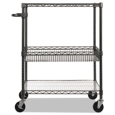 Three-Tier Wire Cart With Basket, Metal, 2 Shelves, 1 Bin, 500 Lb Capacity, 34" x 18" x 40", Black Anthracite