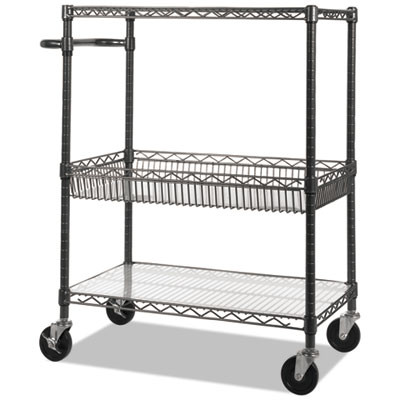 Three-Tier Wire Cart With Basket, Metal, 2 Shelves, 1 Bin, 500 Lb Capacity, 34" x 18" x 40", Black Anthracite