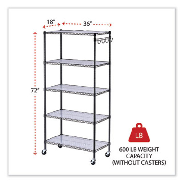 5-Shelf Wire Shelving Kit With Casters And Shelf Liners, 36w X 18d X 72h, Black Anthracite