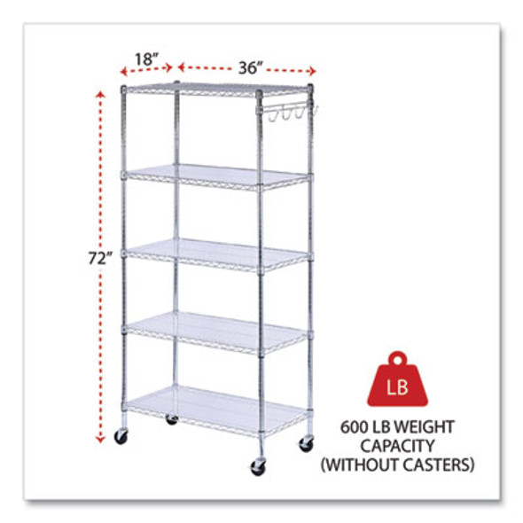 5-Shelf Wire Shelving Kit With Casters And Shelf Liners, 36w X 18d X 72h, Silver