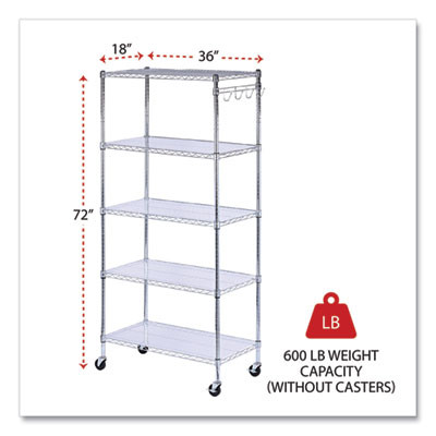 5-Shelf Wire Shelving Kit With Casters And Shelf Liners, 36w X 18d X 72h, Silver