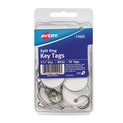 Key Tags With Split Ring, 1.25" Dia, White, 50/Pack