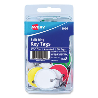 Key Tags With Split Ring, 1.25" Dia, Assorted Colors, 50/Pack