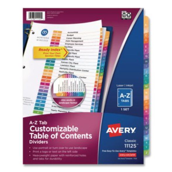 Customizable Toc Ready Index Multicolor Tab Dividers, 26-Tab, A To Z, 11 x 8.5, White, Traditional Color Tabs, 1 Set