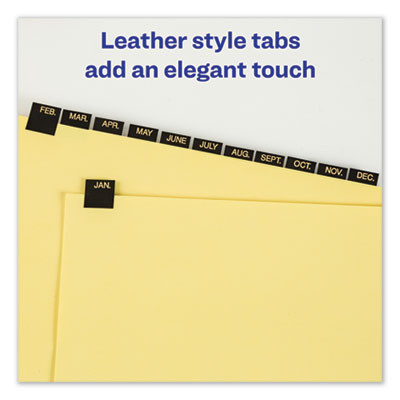Preprinted Black Leather Tab Dividers w/Gold Reinforced Edge, 12-Tab, Jan. To Dec., 11 x 8.5, Buff, 1 Set