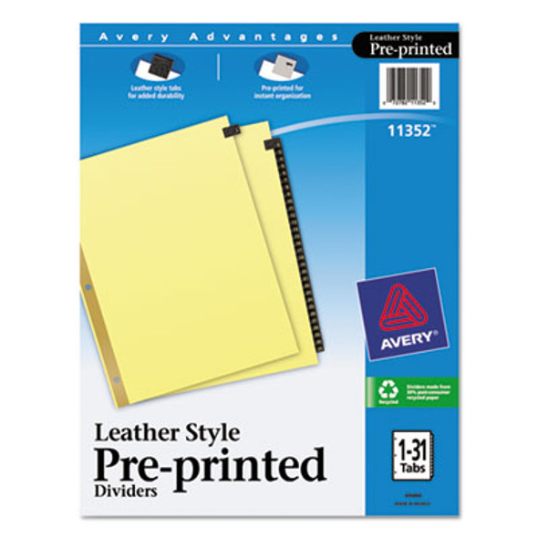 Preprinted Black Leather Tab Dividers w/Gold Reinforced Edge, 31-Tab, 1 To 31, 11 x 8.5, Buff, 1 Set
