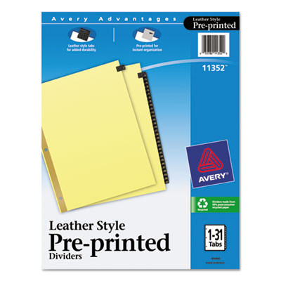 Preprinted Black Leather Tab Dividers w/Gold Reinforced Edge, 31-Tab, 1 To 31, 11 x 8.5, Buff, 1 Set