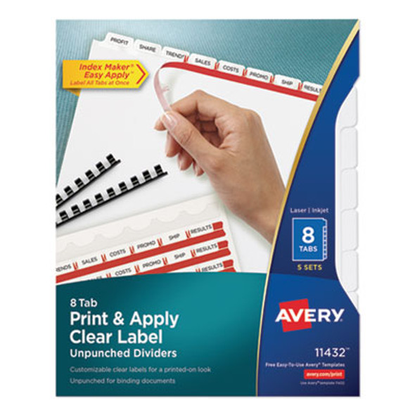 Print And Apply Index Maker Clear Label Unpunched Dividers, 8-Tab, 11 x 8.5, White, 5 Sets
