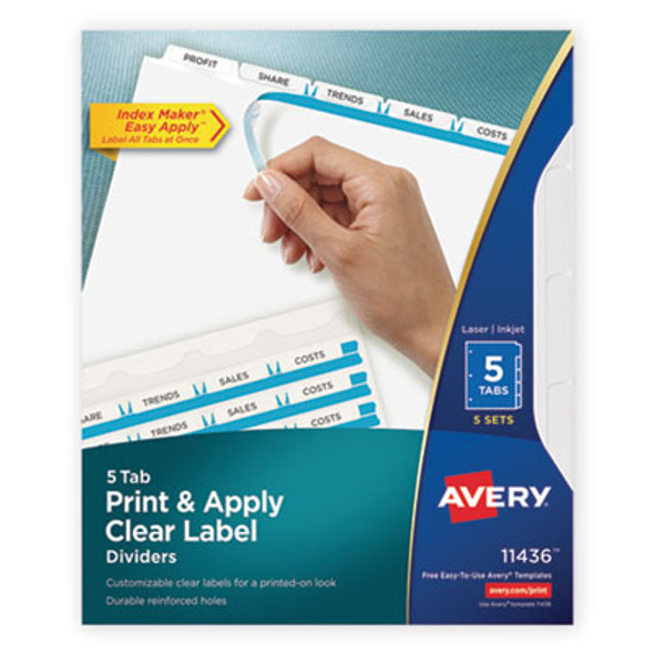 Print And Apply Index Maker Clear Label Dividers, 5-Tab, White Tabs, 11 x 8.5, White, 5 Sets