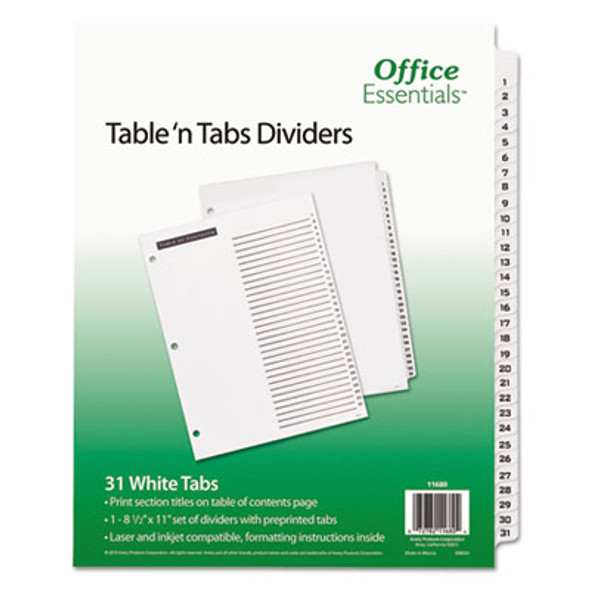 Table 'n Tabs Dividers, 31-Tab, 1 To 31, 11 x 8.5, White, White Tabs, 1 Set