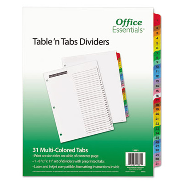Table 'n Tabs Dividers, 31-Tab, 1 To 31, 11 x 8.5, White, Assorted Tabs, 1 Set