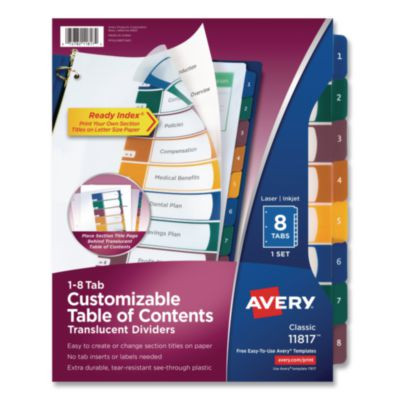 Customizable Table Of Contents Ready Index Dividers With Multicolor Tabs, 8-Tab, 1 To 8, 11 X 8.5, Translucent, 1 Set