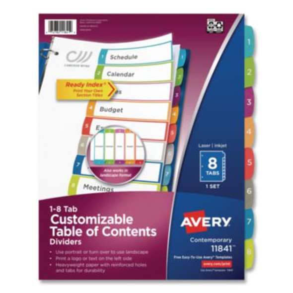 Customizable Toc Ready Index Multicolor Tab Dividers, 8-Tab, 1 To 8, 11 x 8.5, White, Contemporary Color Tabs, 1 Set