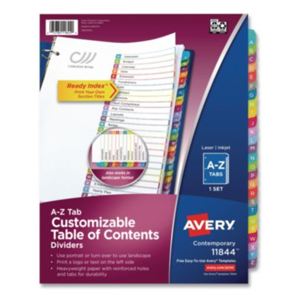 Customizable Toc Ready Index Multicolor Tab Dividers, 26-Tab, A To Z, 11 x 8.5, White, Contemporary Color Tabs, 1 Set