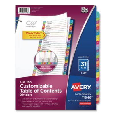 Customizable Toc Ready Index Multicolor Tab Dividers, 31-Tab, 1 To 31, 11 x 8.5, White, Contemporary Color Tabs, 1 Set