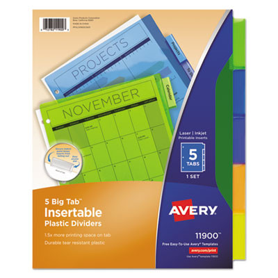 Insertable Big Tab Plastic Dividers, 5-Tab, 11 X 8.5, Assorted, 1 Set
