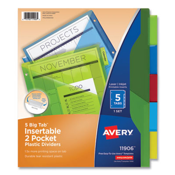 Insertable Big Tab Plastic 2-Pocket Dividers, 5-Tab, 11.13 X 9.25, Assorted, 1 Set