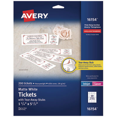 Printable Tickets w/Tear-Away Stubs, 97 Bright, 65 Lb Cover Weight, 8.5 x 11, White, 10 Tickets/Sheet, 20 Sheets/Pack