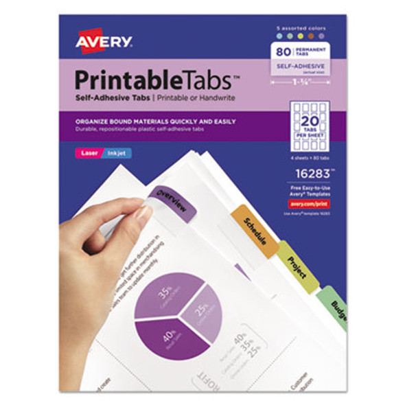 Printable Plastic Tabs With Repositionable Adhesive, 1/5-Cut, Assorted Colors, 1.75" Wide, 80/Pack