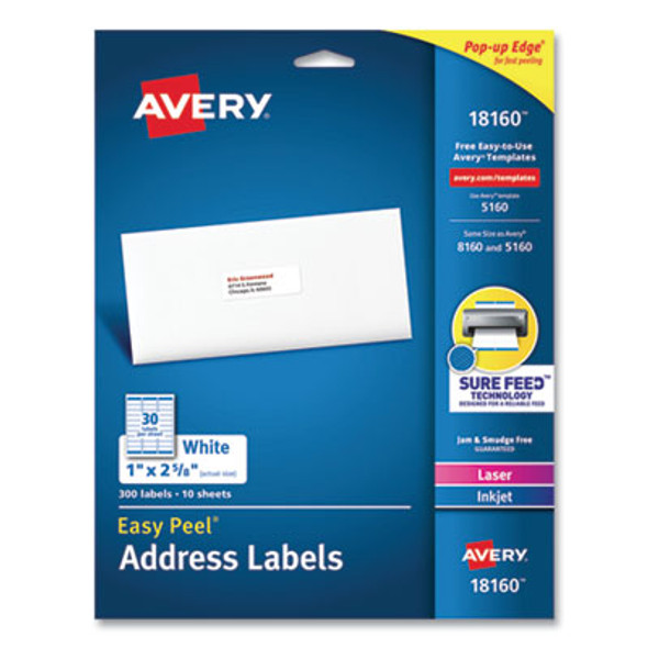 Easy Peel White Address Labels With Sure Feed Technology, Inkjet Printers, 1 X 2.63, White, 30/Sheet, 10 Sheets/Pack