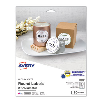Round Print-To-The Edge Labels With Surefeed, 2.5" Dia, Glossy White, 90/Pk