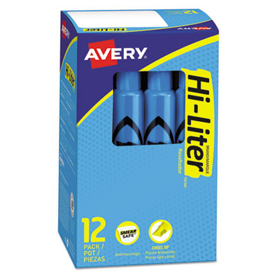 Hi-Liter Desk-Style Highlighters, Fluorescent Blue Ink, Chisel Tip, Blue/Black Barrel, Dozen