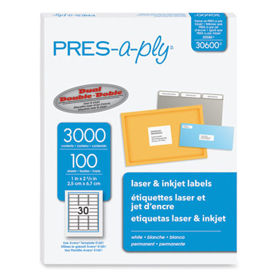 Labels, Laser Printers, 1 X 2.63, White, 30/Sheet, 100 Sheets/Box