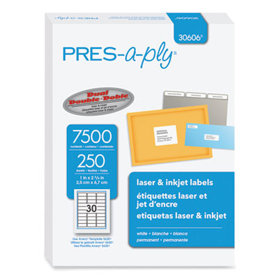Labels, Laser Printers, 1 X 2.63, White, 30/Sheet, 250 Sheets/Box