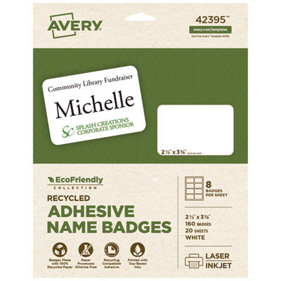 Ecofriendly Adhesive Name Badge Labels, 3.38 X 2.33, White, 160/Box