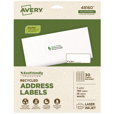 Ecofriendly Mailing Labels, Inkjet/Laser Printers, 1 X 2.63, White, 30/Sheet, 25 Sheets/Pack
