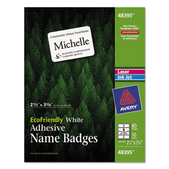 Ecofriendly Adhesive Name Badge Labels, 3.38 X 2.33, White, 80/Pack